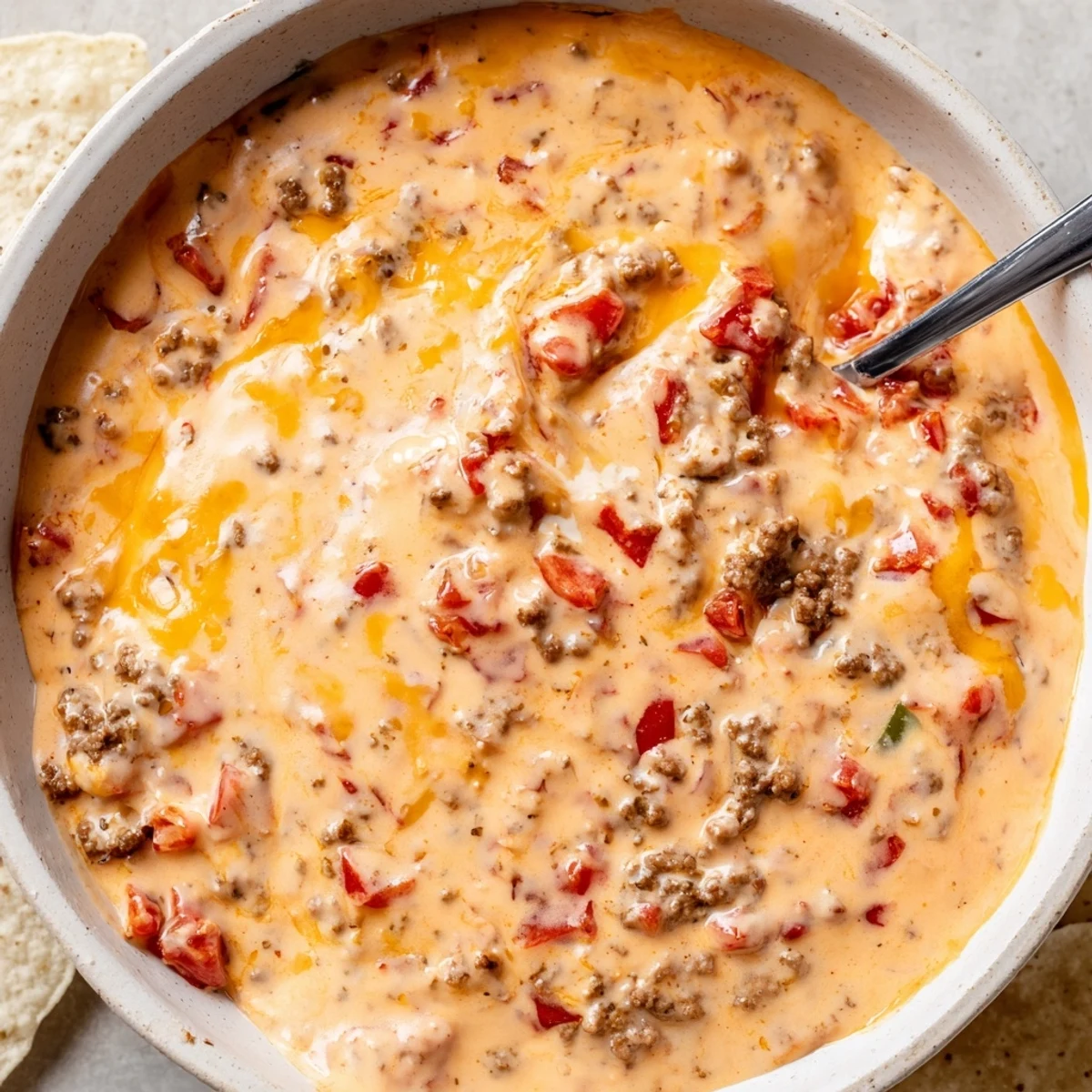 Creamy Crockpot Rotel Dip bubbling in a slow cooker with tortilla chips