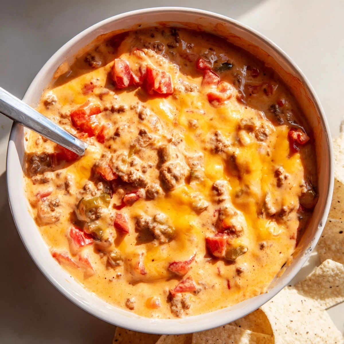 Golden Creamy Crockpot Rotel Dip topped with fresh jalapeños and melted cheese