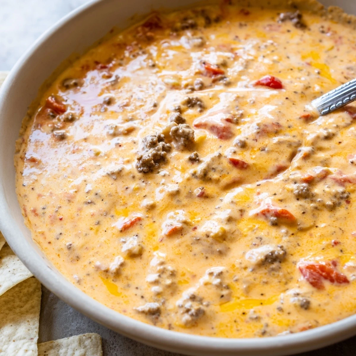 Warm Creamy Crockpot Rotel Dip served in a bowl surrounded by crispy chips