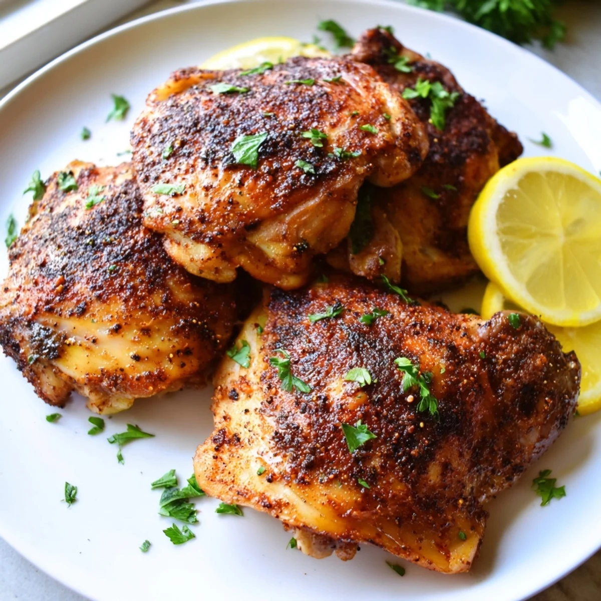 Crispy golden Old Bay chicken thighs roasted on a sheet pan with aromatic spices