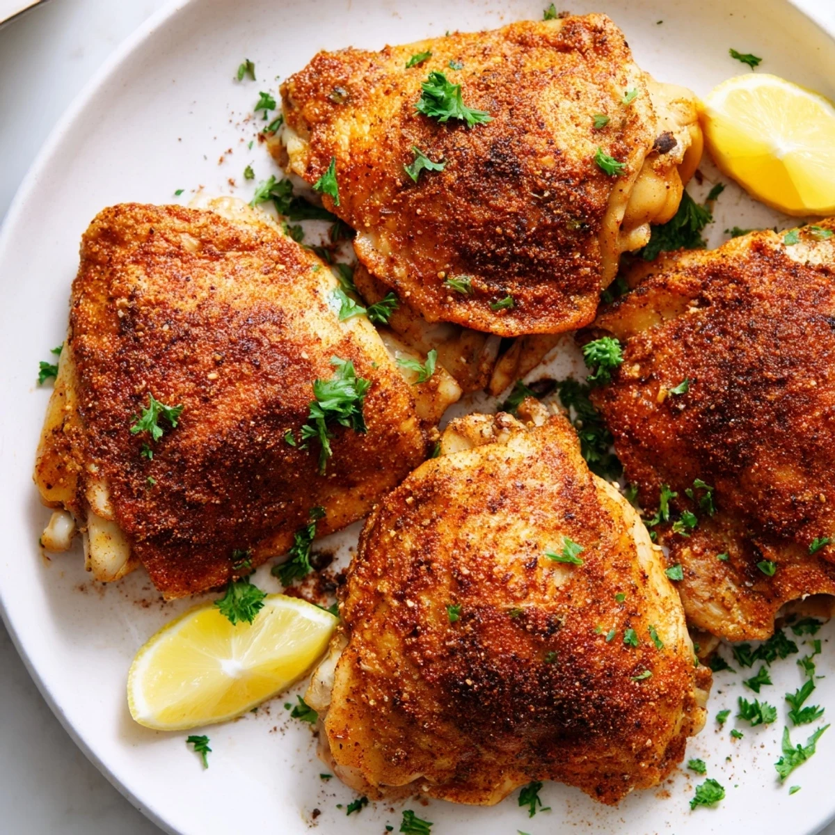 Juicy Old Bay chicken thighs garnished with fresh parsley and bright lemon wedges