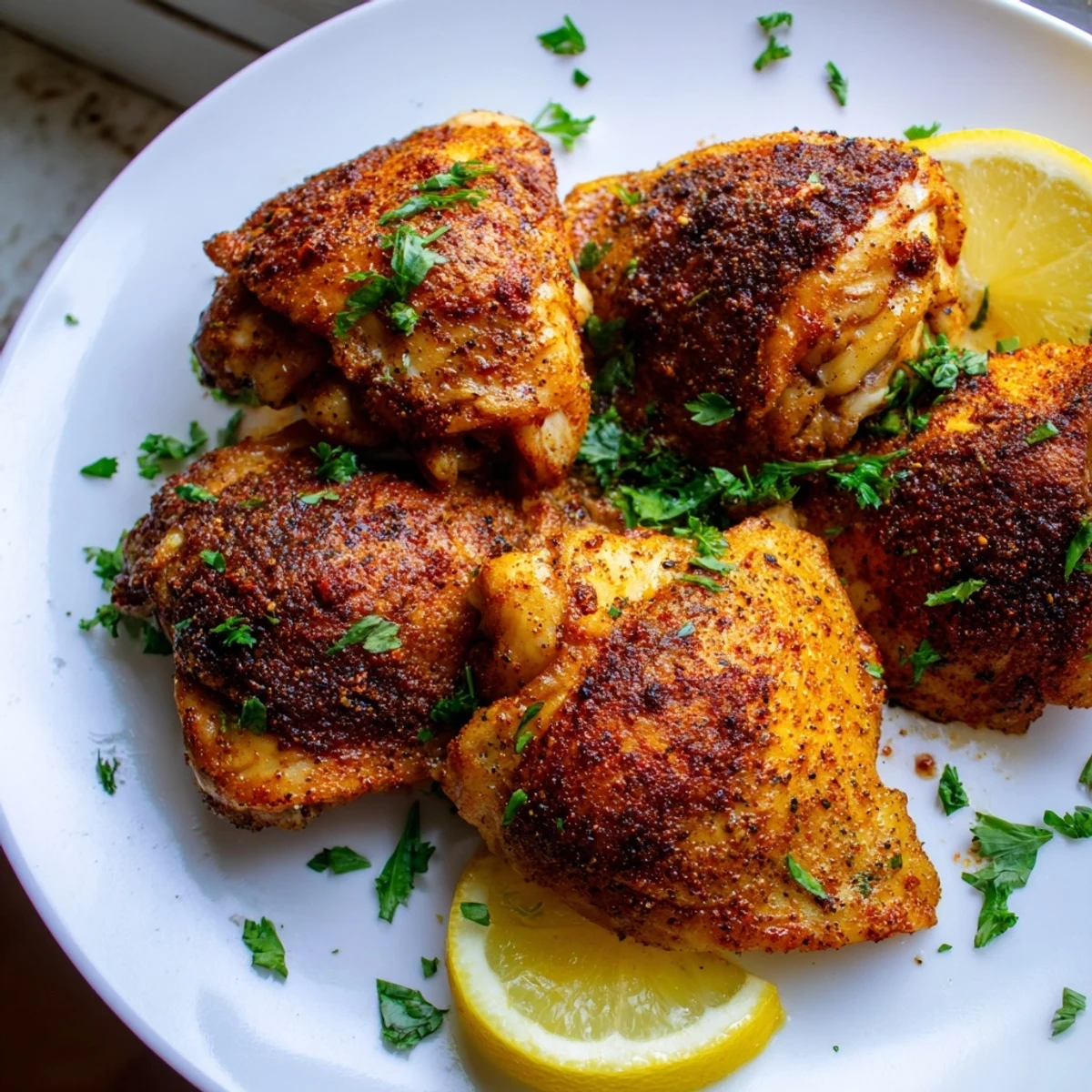 Perfectly browned Old Bay chicken thighs with seasoned skin served straight from the oven