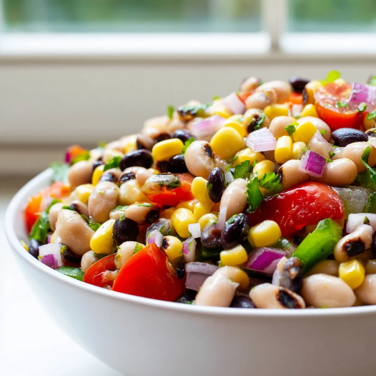 Colorful Cowboy Caviar in a bowl with black beans corn and zesty lime dressing