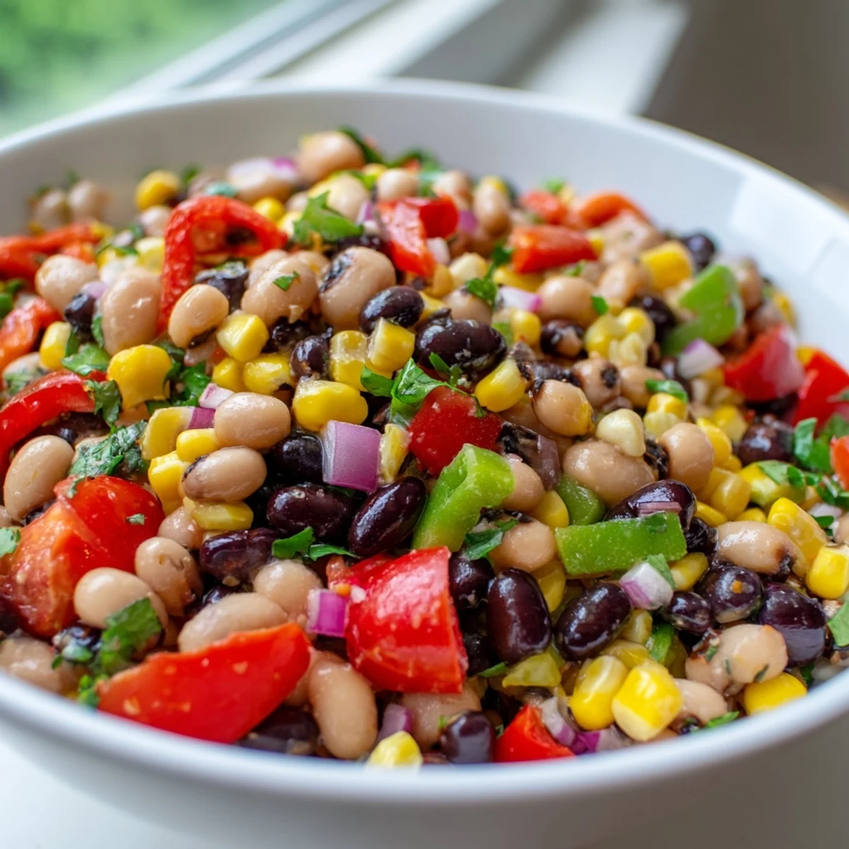 Vibrant Cowboy Caviar recipe featuring diced peppers corn and a tangy vinaigrette