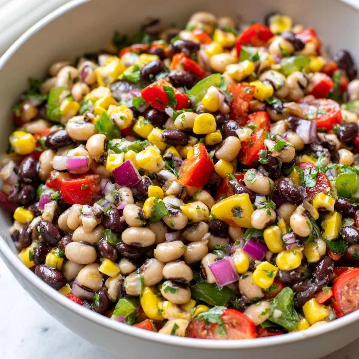 Bright Cowboy Caviar dip served crispy tortilla chips fresh vegetables and cilantro