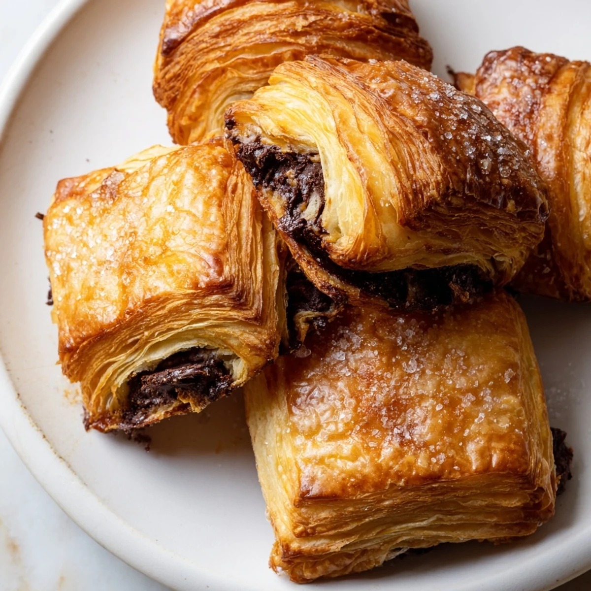 Golden chocolate croissant cookies fresh from the oven with crisp, flaky layers