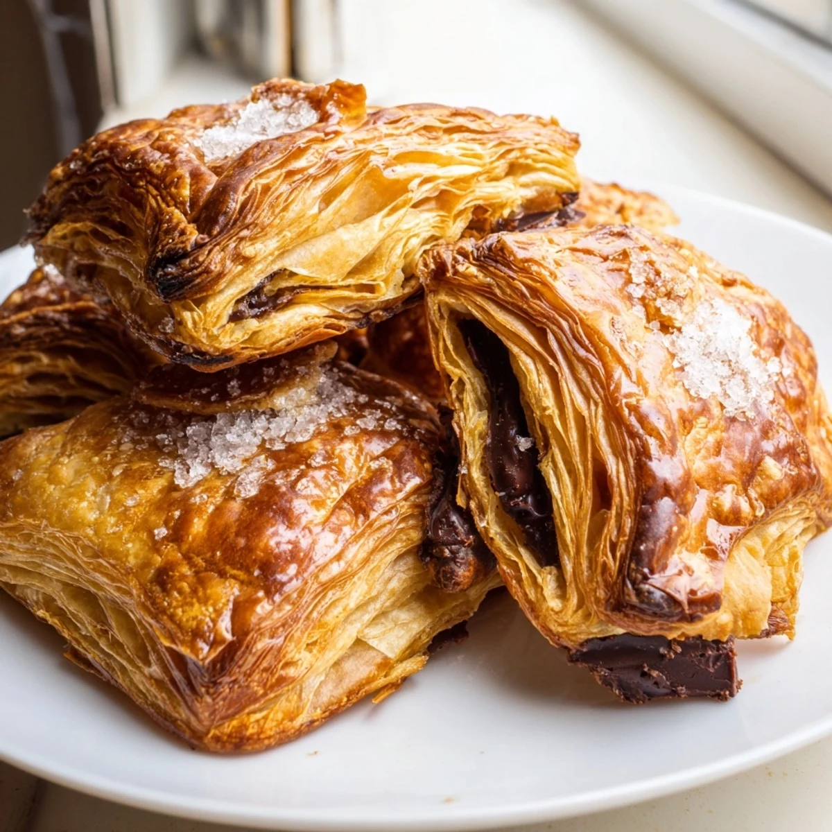 Flaky chocolate croissant cookies dusted with sparkling sugar on a cooling rack