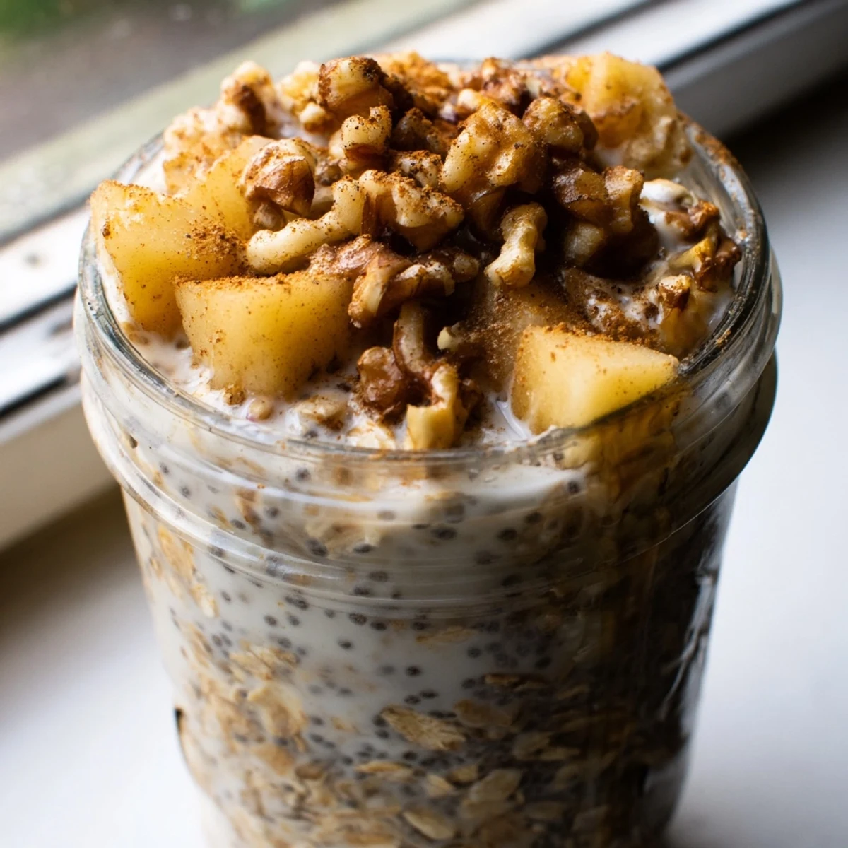 Apple crumble overnight oats topped with golden crumble and tender spiced apple chunks in a glass jar