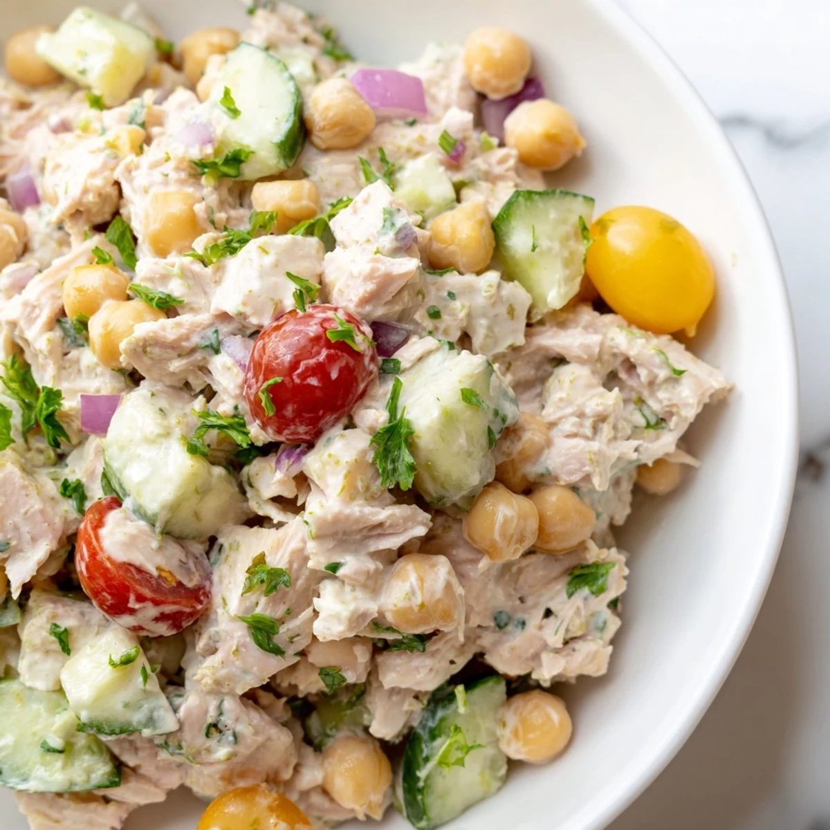 Creamy tuna chickpea cucumber salad served in a rustic bowl with fresh parsley scattered on top