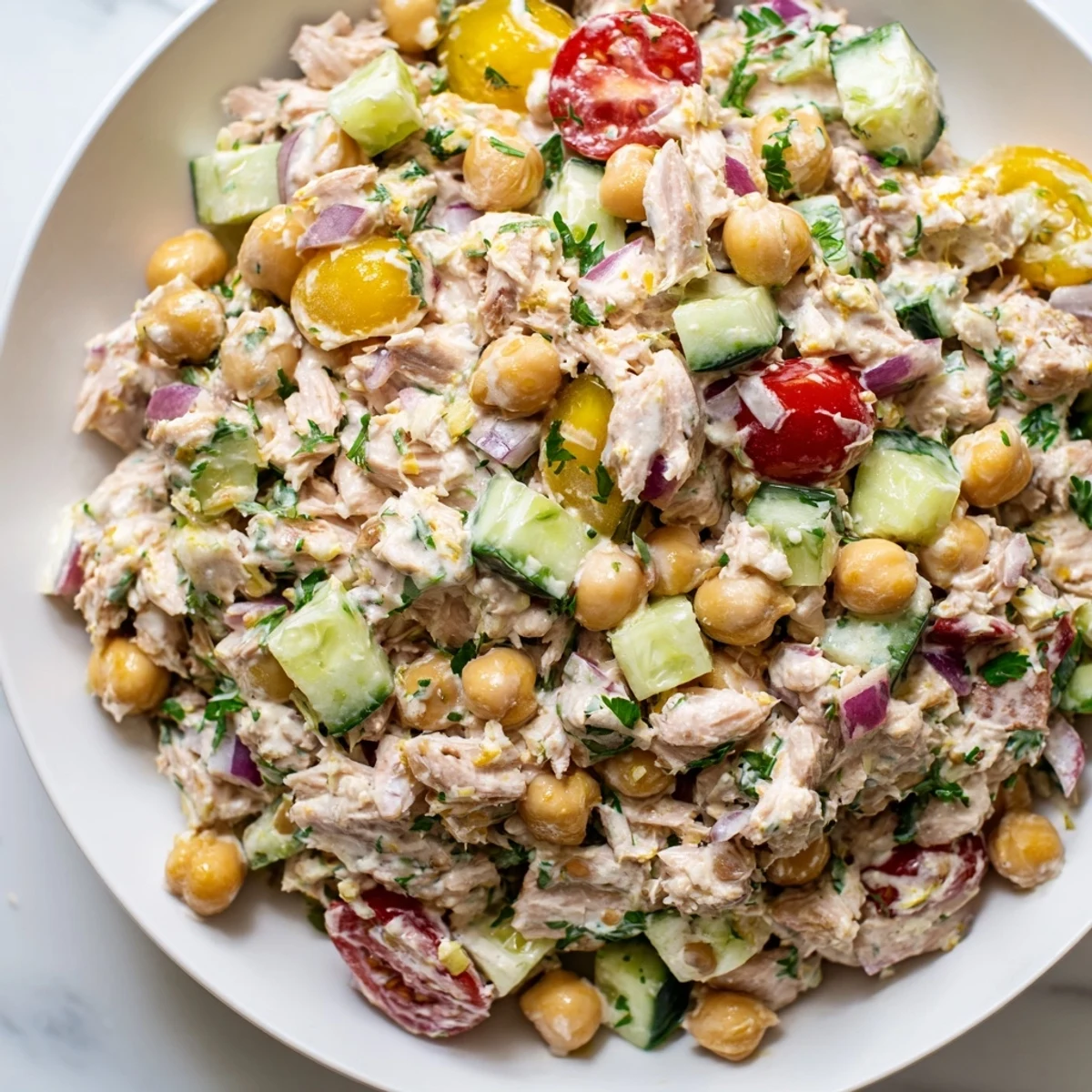 Golden chunks of tuna and tender chickpeas glistening in a tangy dressing inside this refreshing cucumber salad