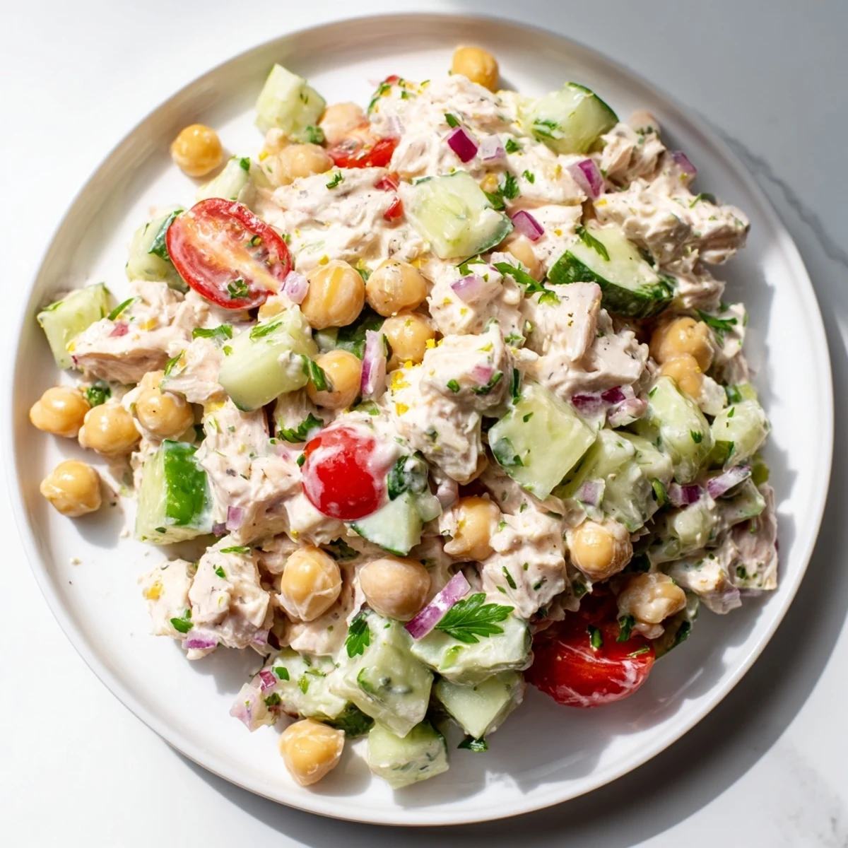 A close-up of creamy tuna chickpea cucumber salad spooned onto crisp lettuce leaves at lunchtime