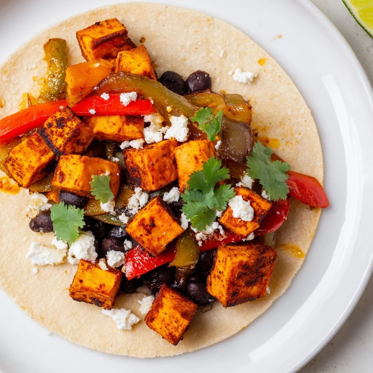 Golden crispy sweet potato bean tacos topped with caramelized onions and fresh cilantro