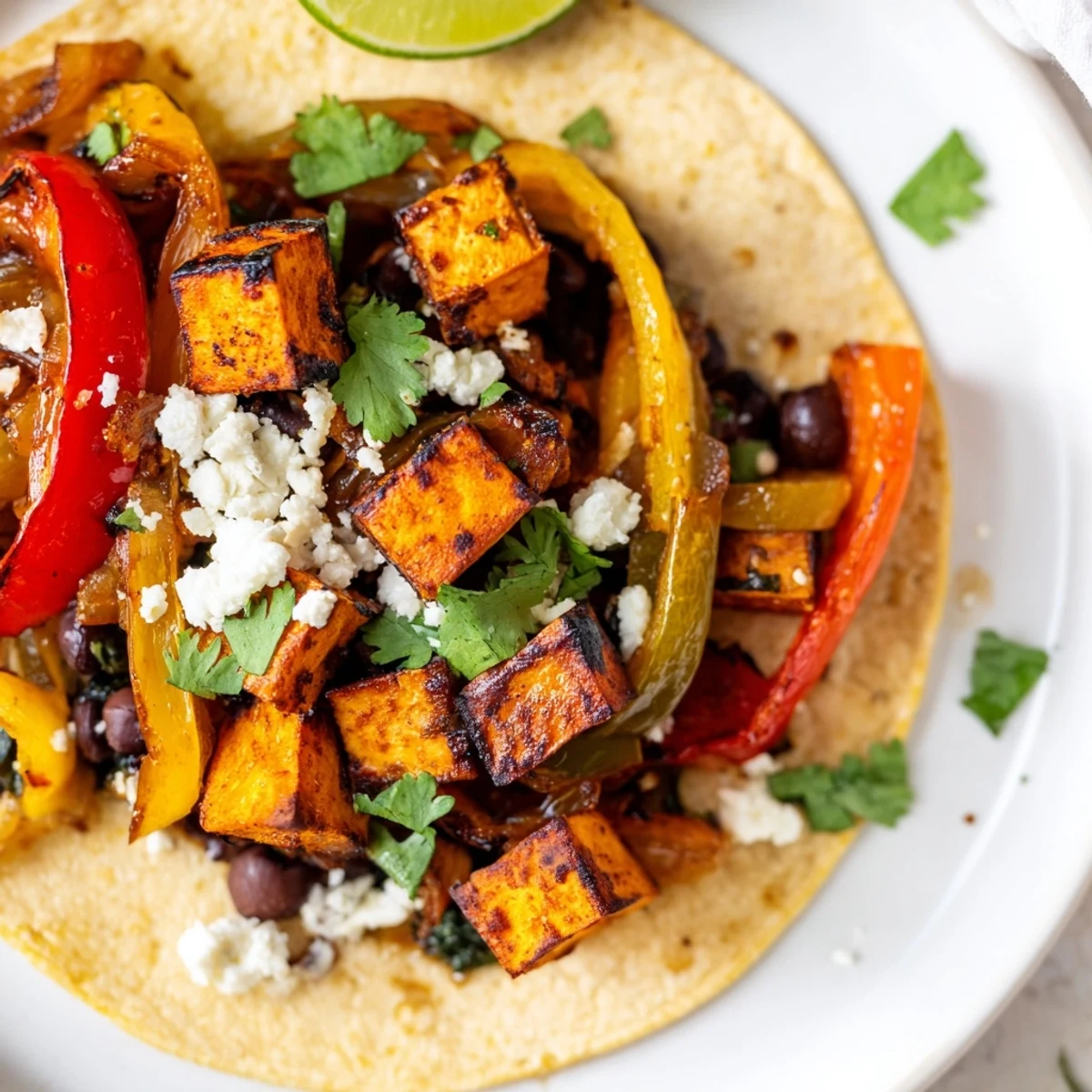 Crispy sweet potato bean tacos drizzled with salsa and garnished with lime wedges