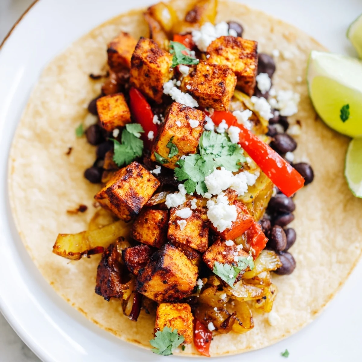 Warm tortillas filled with crispy sweet potato bean tacos and melted crumbled cheese