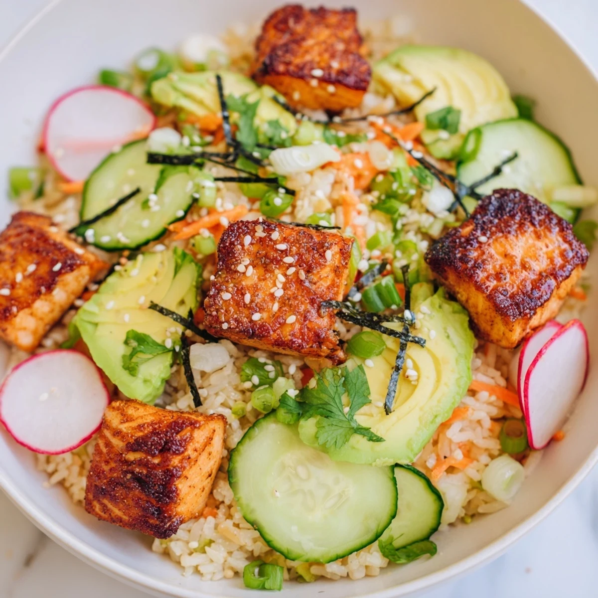 Golden crispy salmon rice salad drizzled with tangy ginger dressing and fresh vegetables