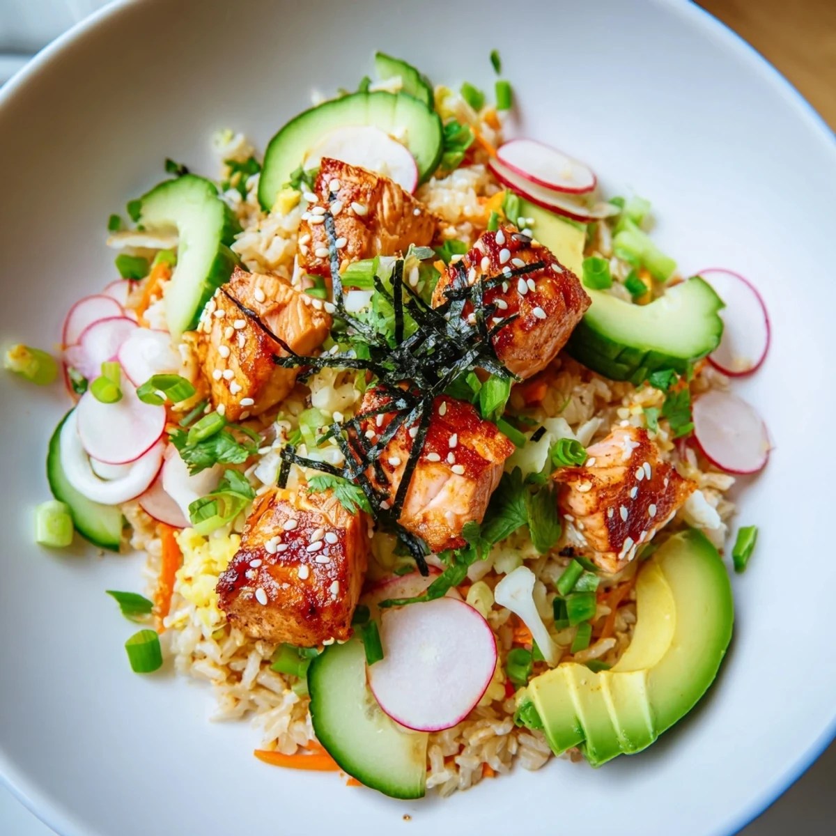 Crispy salmon rice salad topped with sliced avocado radishes and sesame seeds