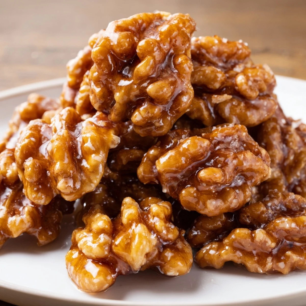 Crunchy maple cinnamon walnuts piled in a rustic bowl for holiday snacking