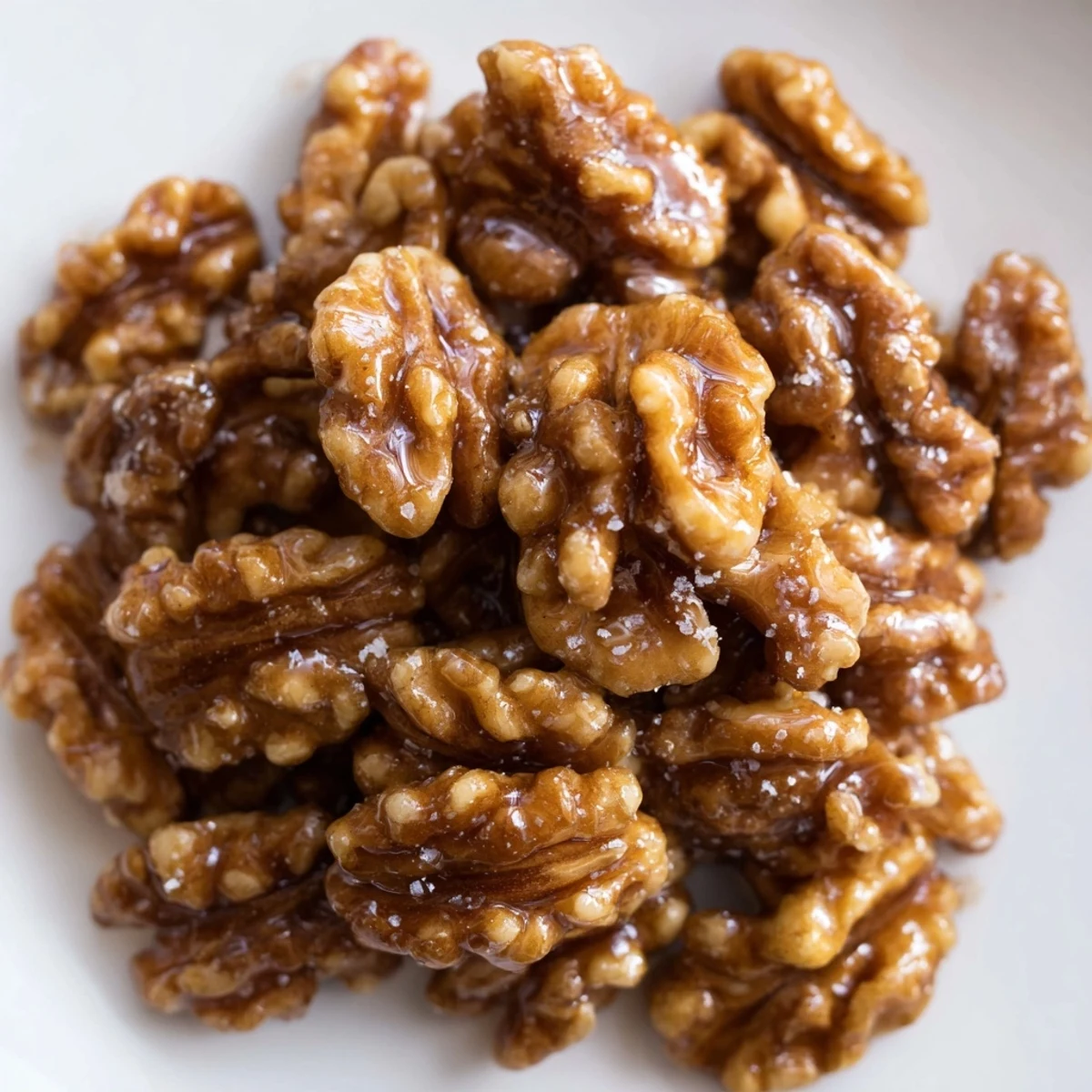 Glistening maple cinnamon walnuts cooled on parchment with a golden, sticky coating