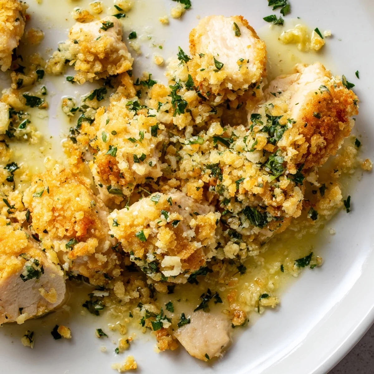 Creamy Chicken Kiev Casserole topped with toasted Parmesan breadcrumbs fresh from the oven