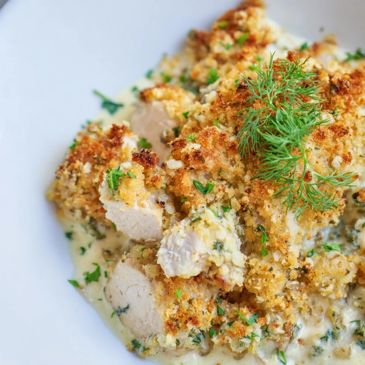 Golden crispy Chicken Kiev Casserole bubbling with creamy garlic herb sauce in a baking dish