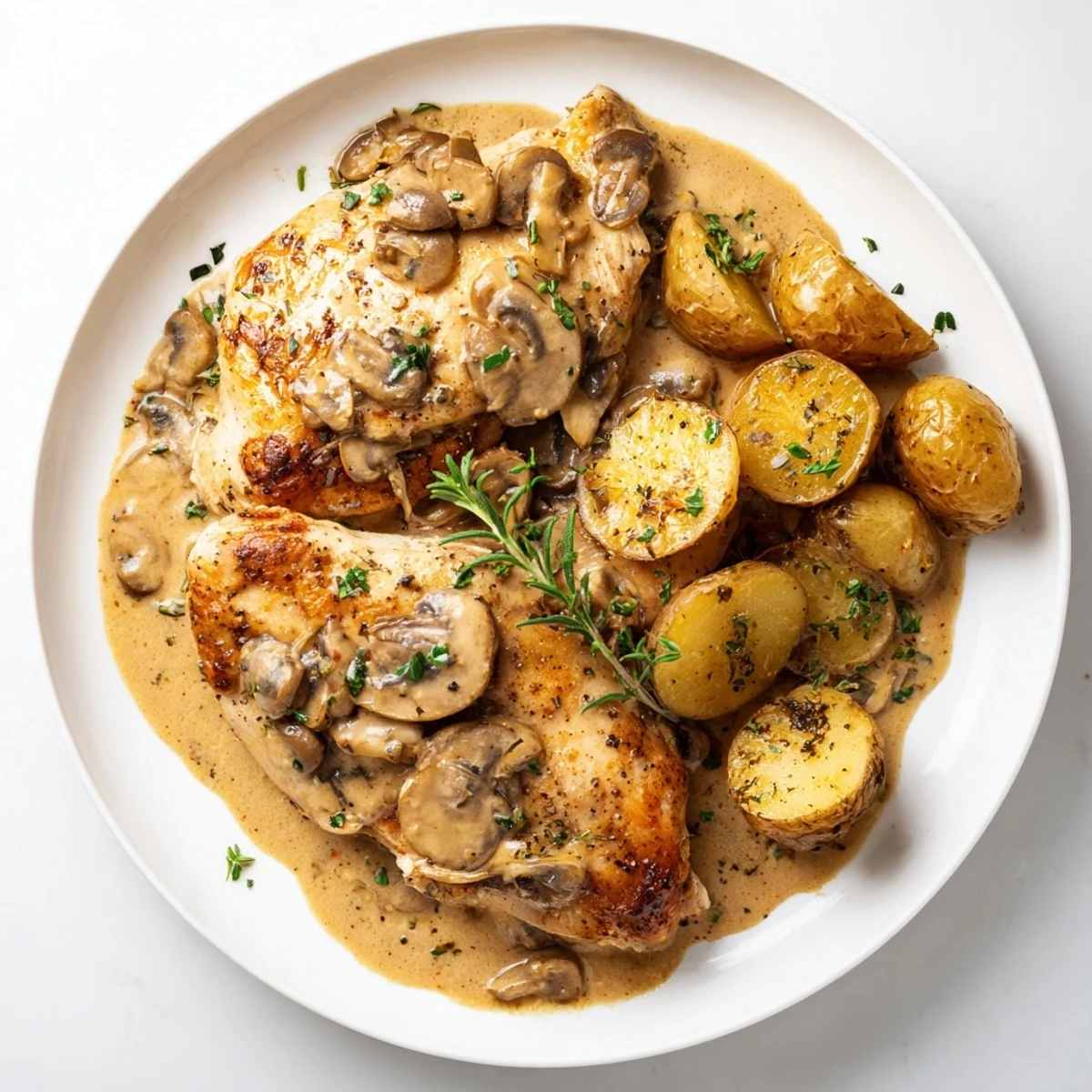 Creamy mushroom chicken with golden herb potatoes plated on rustic white dish