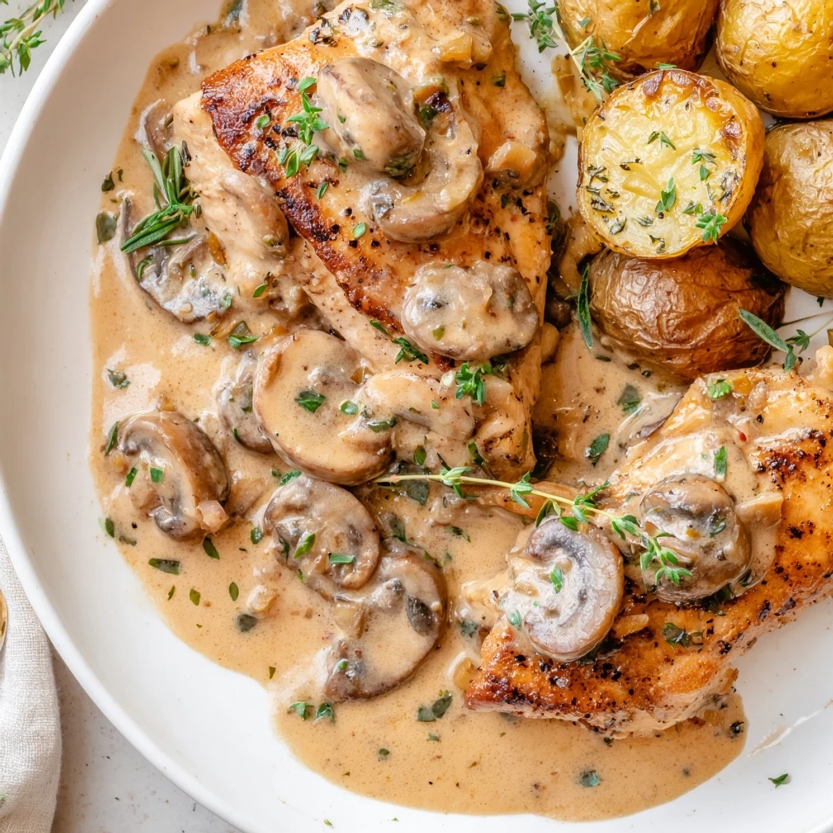 Tender creamy mushroom chicken smothered in rich sauce beside crispy roasted potatoes