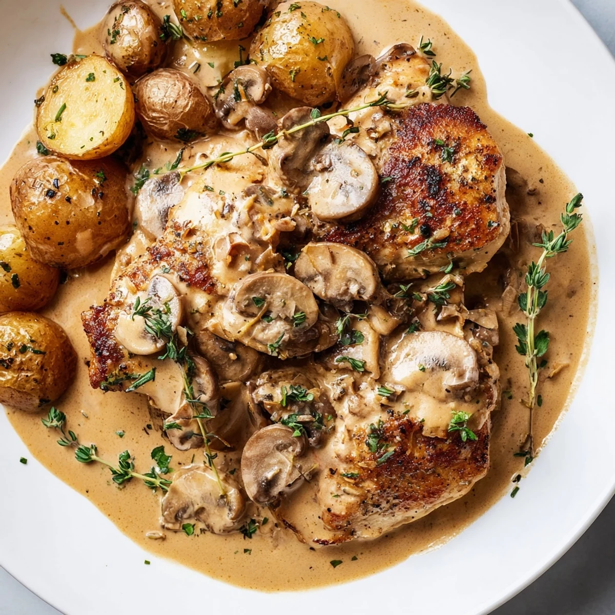 Juicy pan-seared creamy mushroom chicken topped with fresh parsley next to herb potatoes