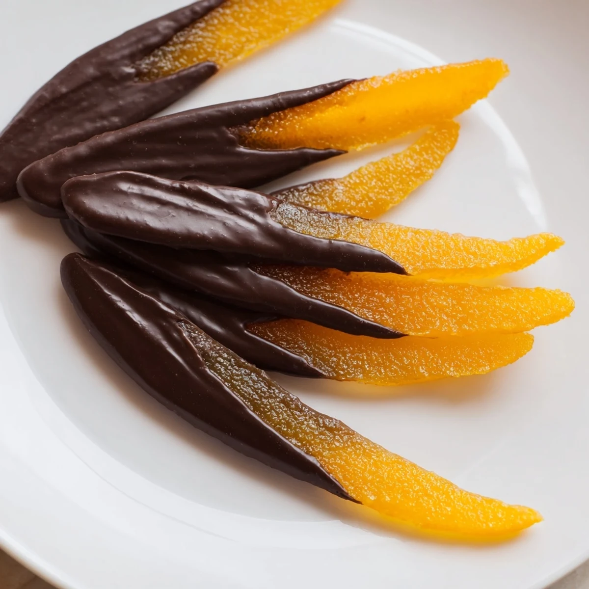 Glistening chocolate covered orange peels arranged on parchment paper with rich dark coating