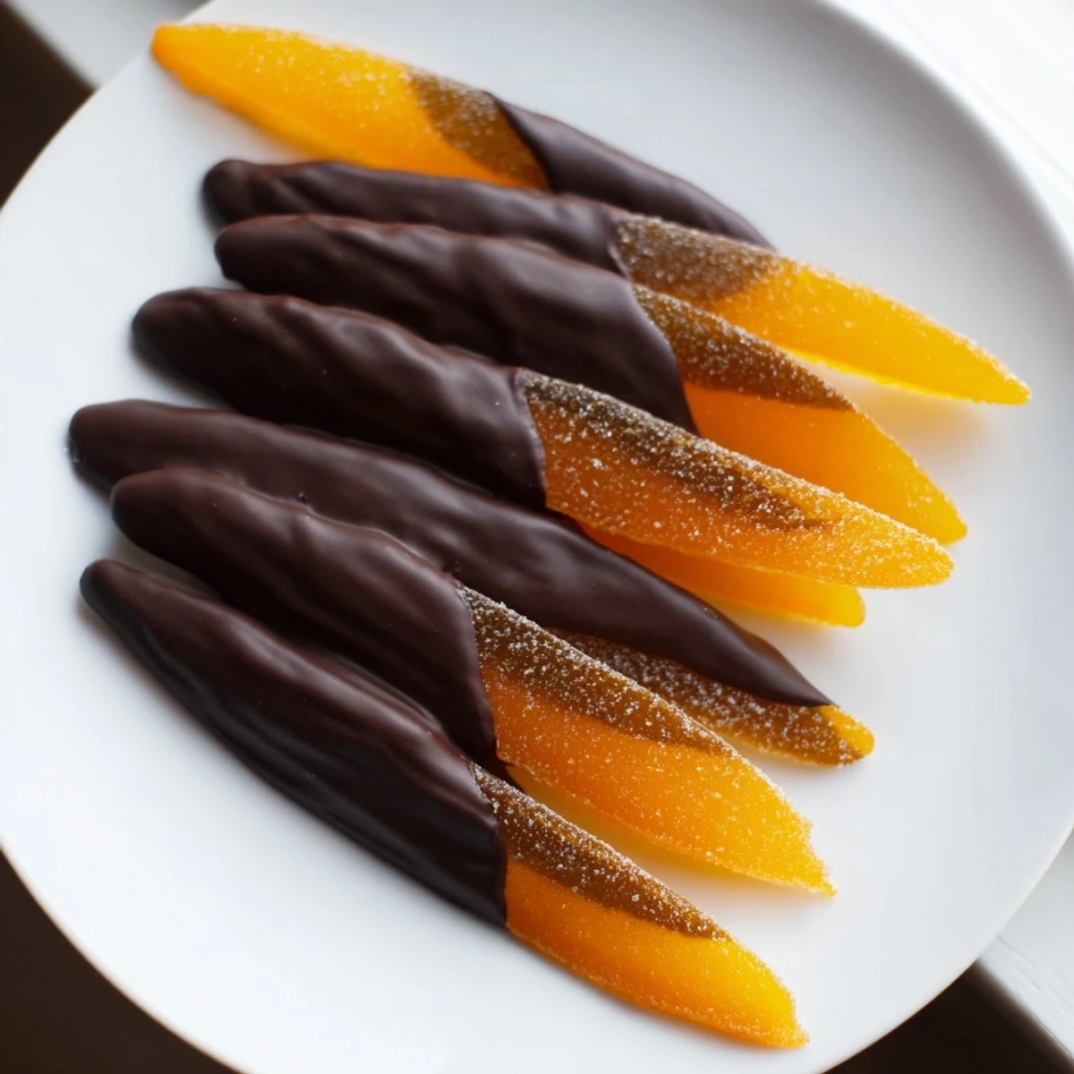 Candied orange peel strips dipped halfway in smooth melted dark chocolate elegantly