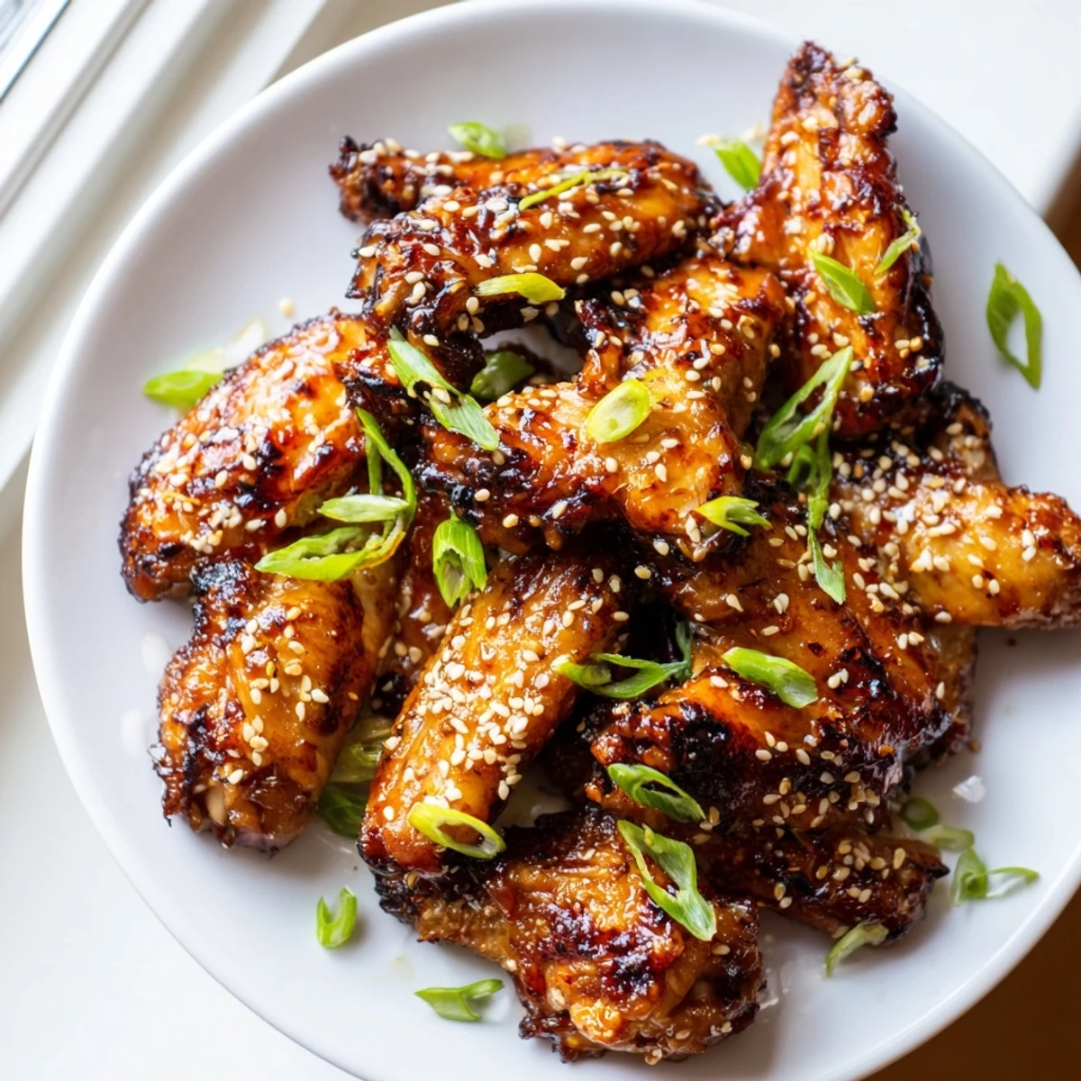 Crispy miso honey chicken wings glazed to golden perfection on a rustic platter