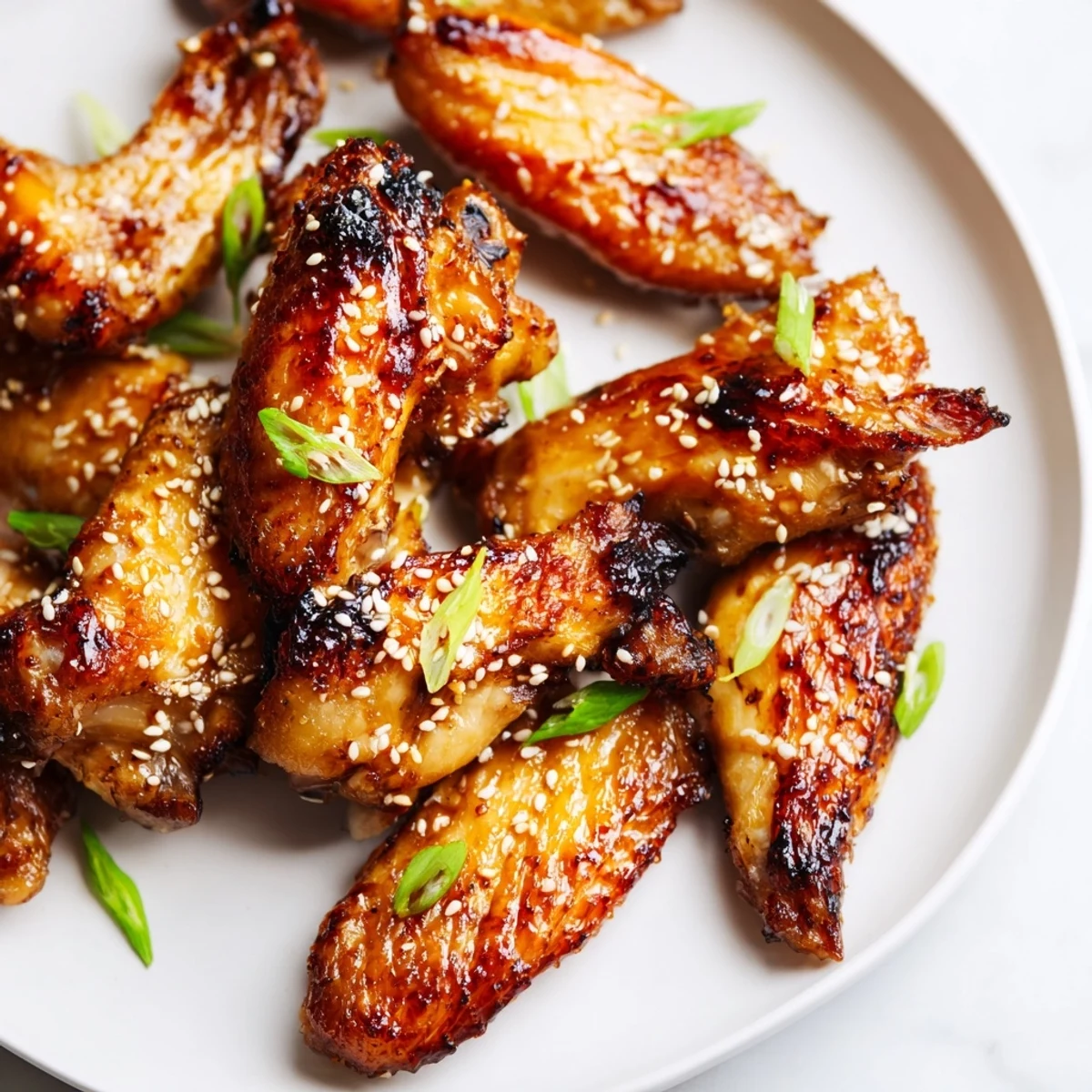 Sticky miso honey marinated chicken wings garnished with sesame seeds and green onions