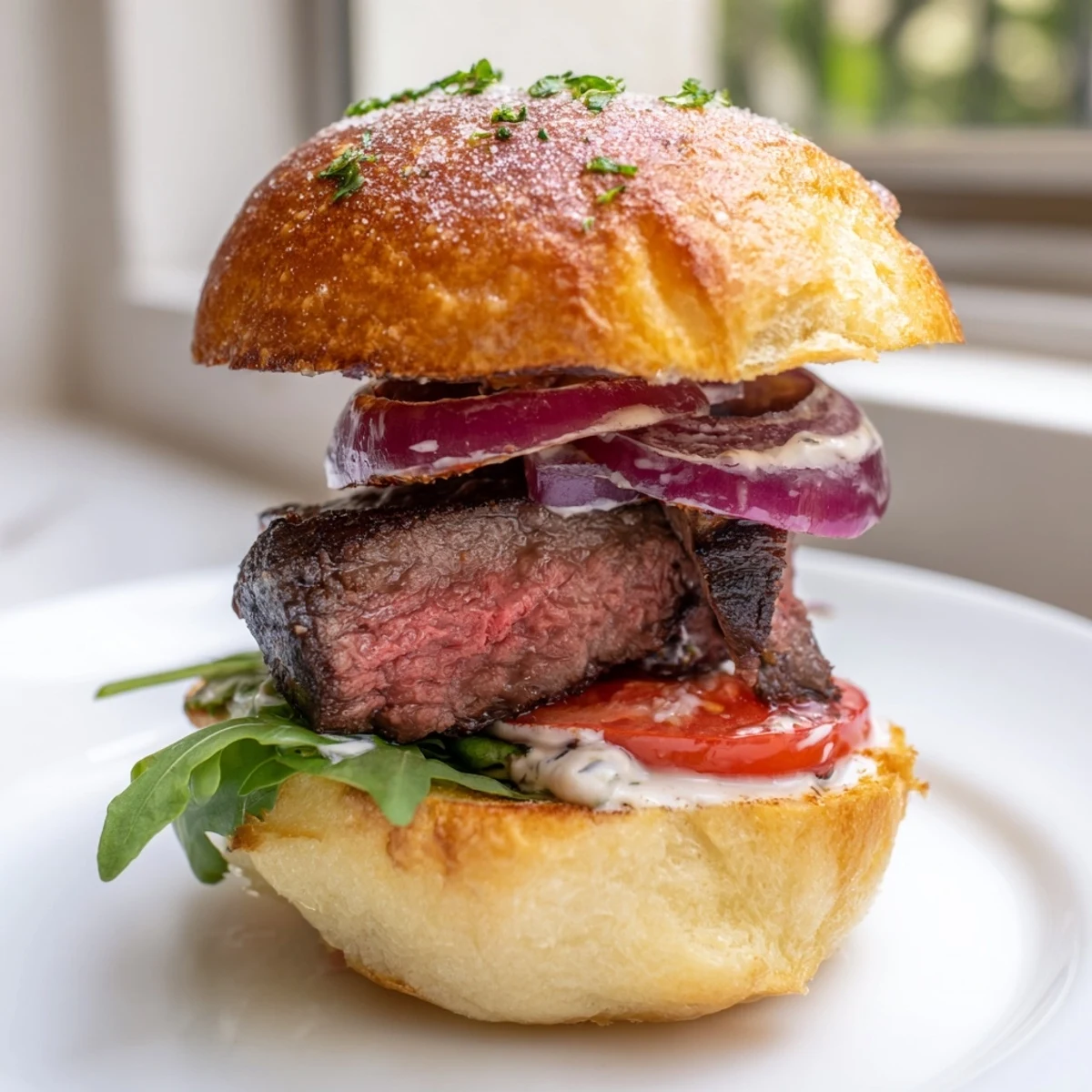 Tender filet mignon sliders topped with arugula and horseradish cream on toasted brioche