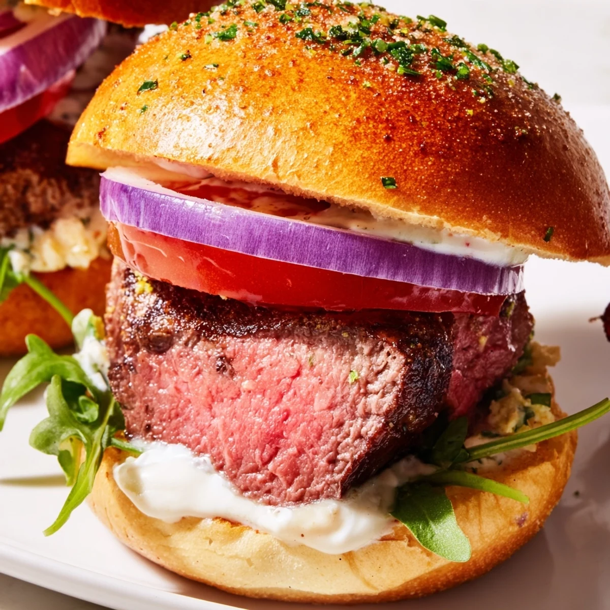 Juicy filet mignon sliders on golden garlic parmesan rolls fresh from the oven