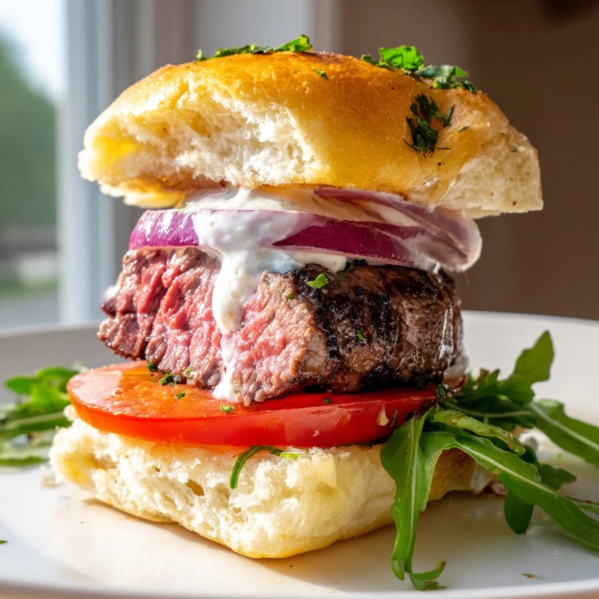 Crispy garlic parmesan rolls holding perfectly seared filet mignon sliders with fresh tomato slices