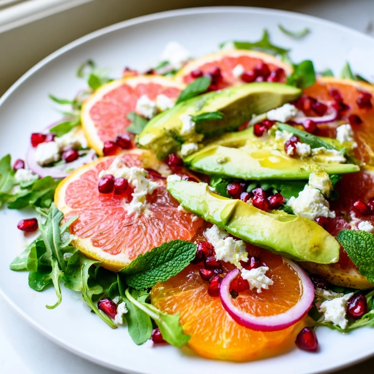 Colorful citrus salad with pomegranate seeds, avocado slices, and crumbled feta on a platter