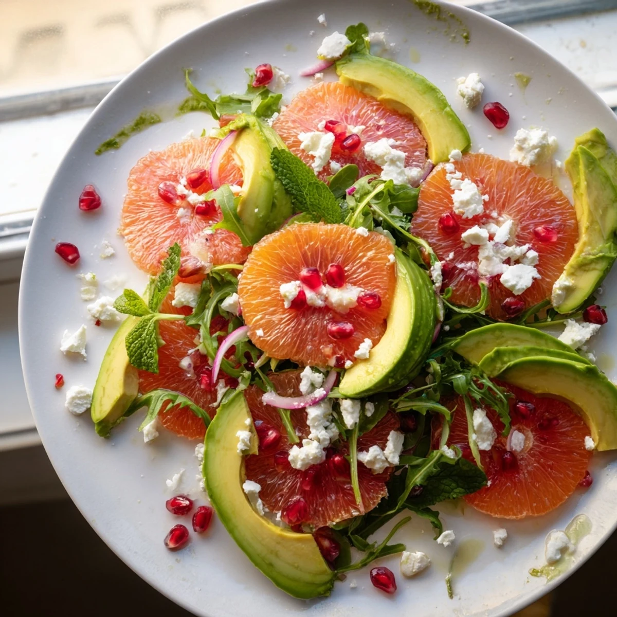 Bright citrus salad topped with jewel-toned pomegranate arils, creamy avocado, and tangy feta