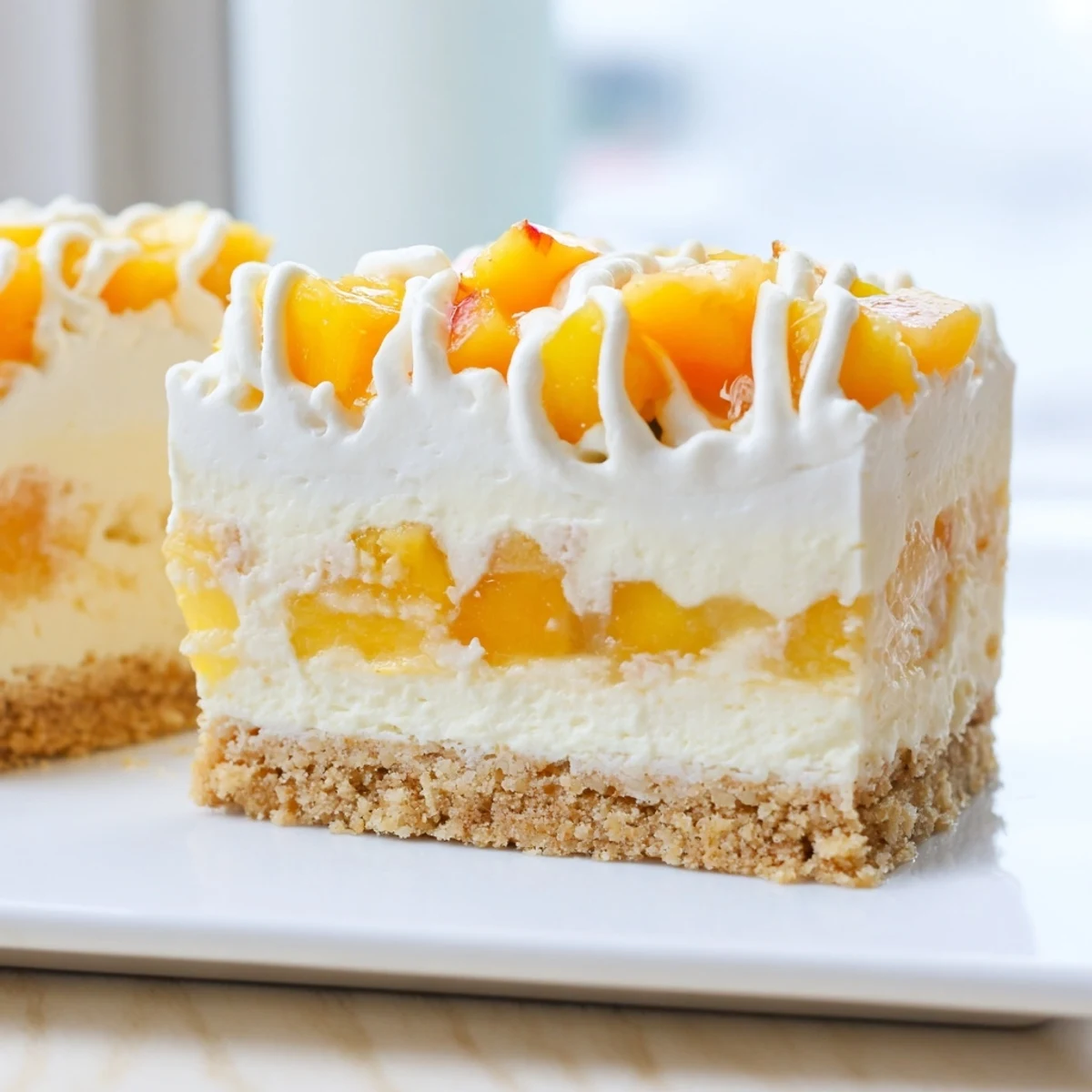 Golden Peaches And Cream Cheesecake Bars sliced on a rustic summer dessert plate