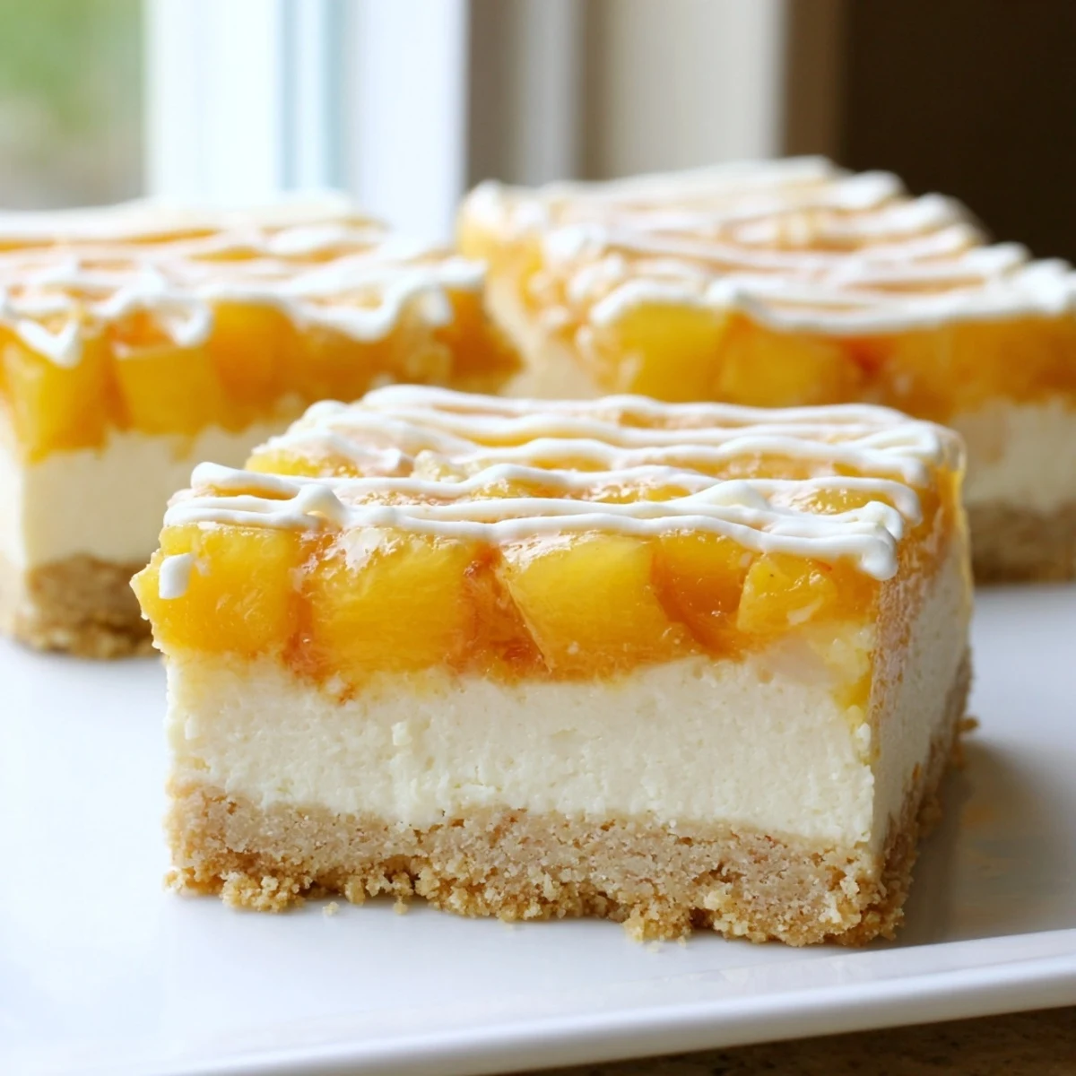 Chilled Peaches And Cream Cheesecake Bars with a buttery graham crust and luscious filling