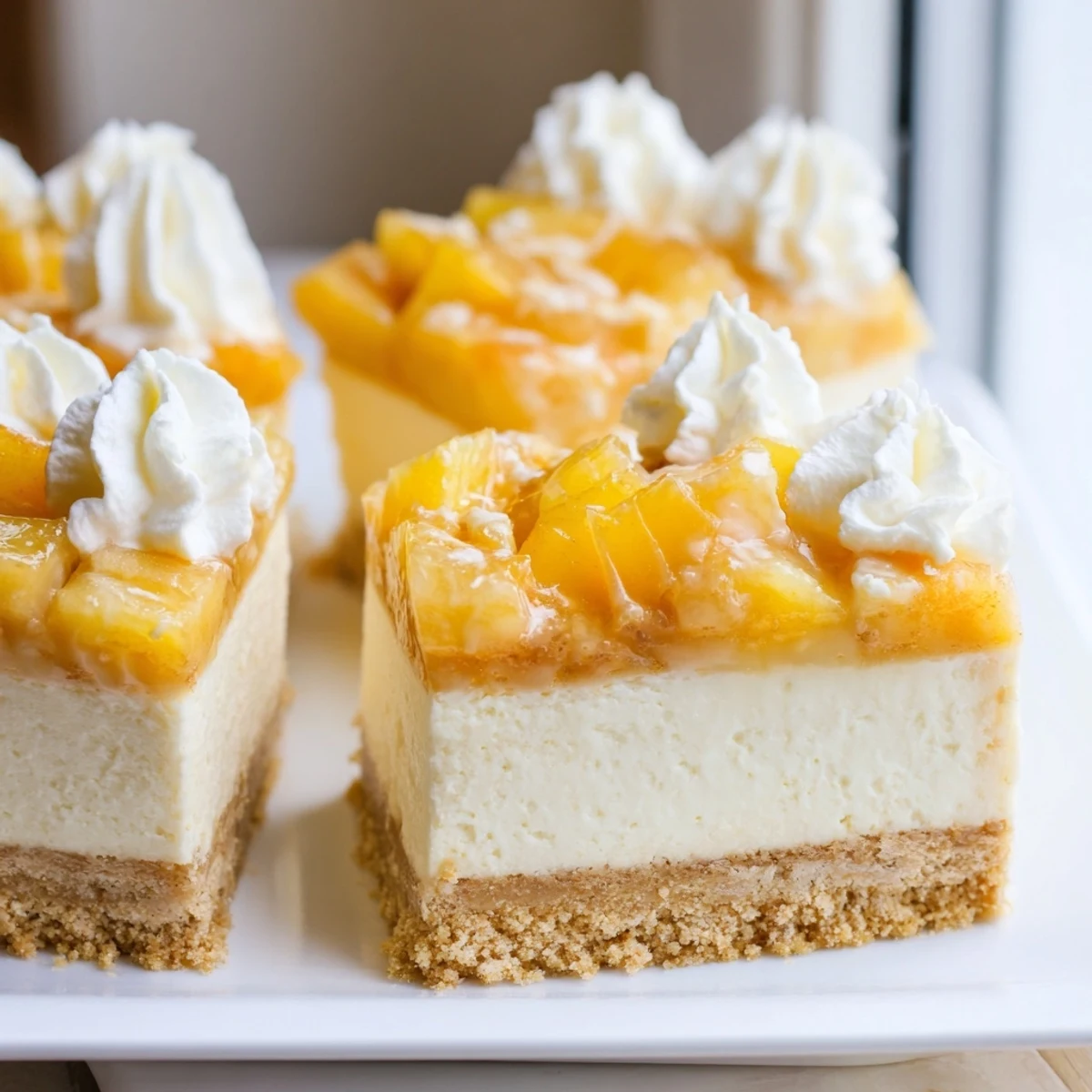 Creamy Peaches And Cream Cheesecake Bars topped with fresh peach slices and whipped cream drizzle
