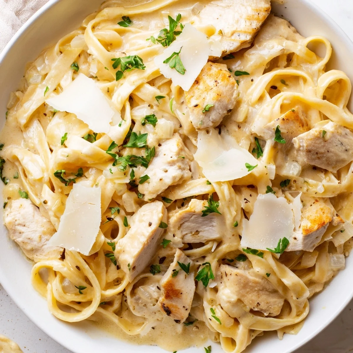 Creamy Garlic Parmesan Chicken Pasta in a golden skillet topped with fresh parsley