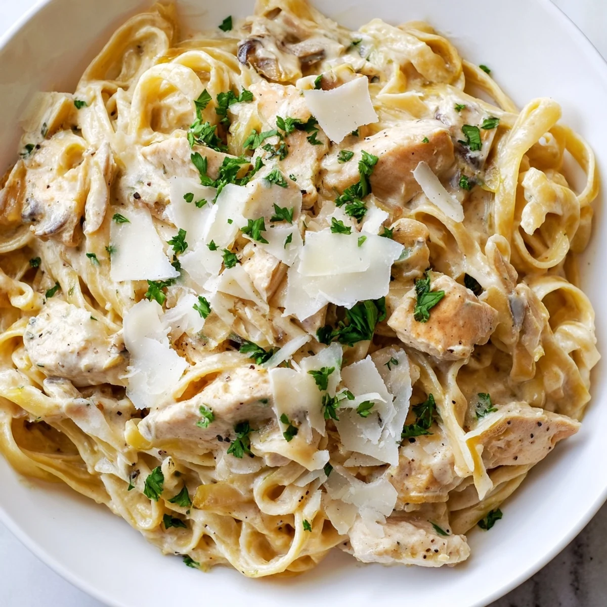 Steaming bowl of Creamy Garlic Parmesan Chicken Pasta coated in a rich velvety sauce