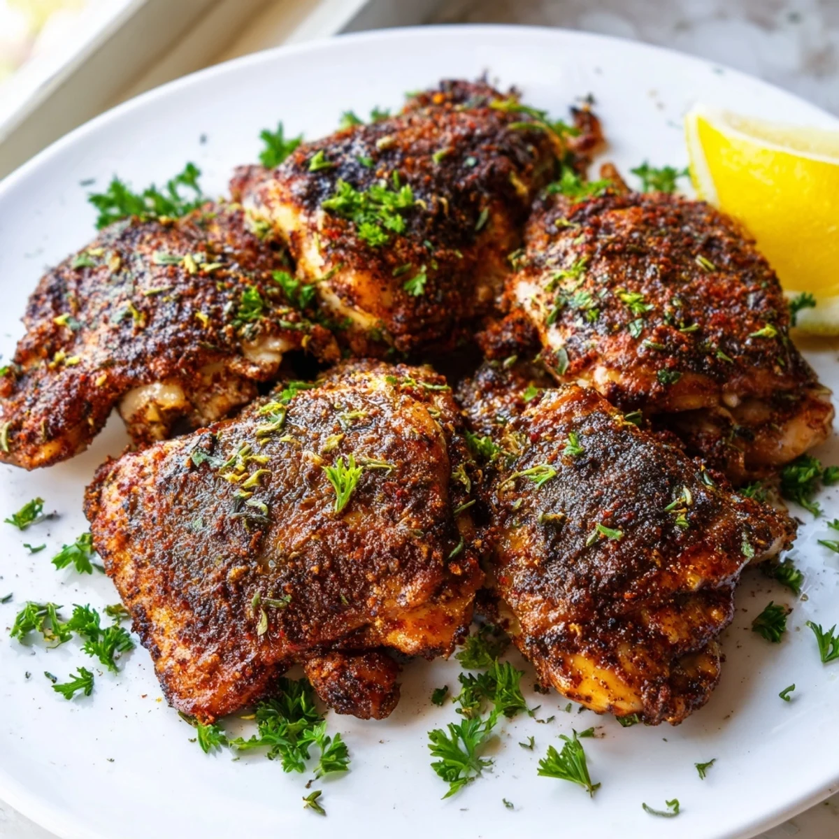 Golden crispy oven baked chicken thighs with herb-crusted skin on a sheet pan