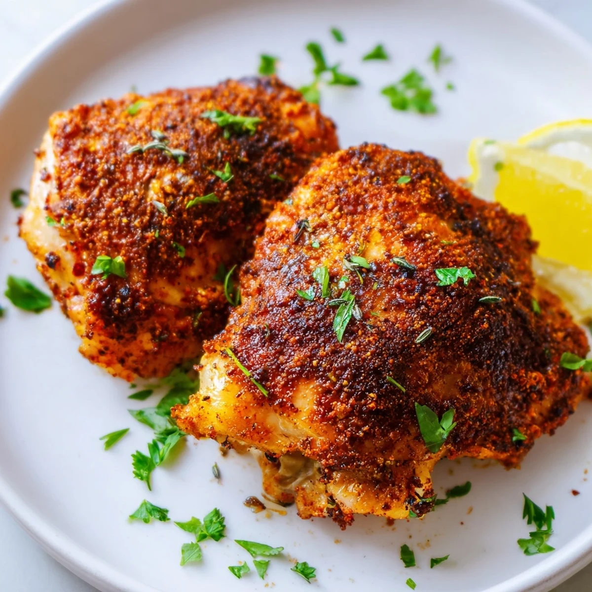Perfectly roasted oven baked chicken thighs with crispy golden skin served piping hot