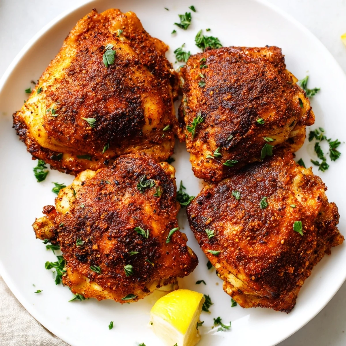 Juicy oven baked chicken thighs garnished with fresh parsley and lemon wedges