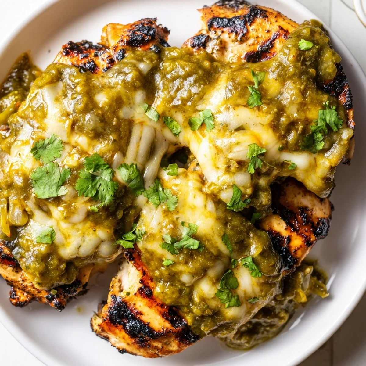 Melted Pepper Jack cheese blankets grilled salsa verde chicken with bright cilantro garnish