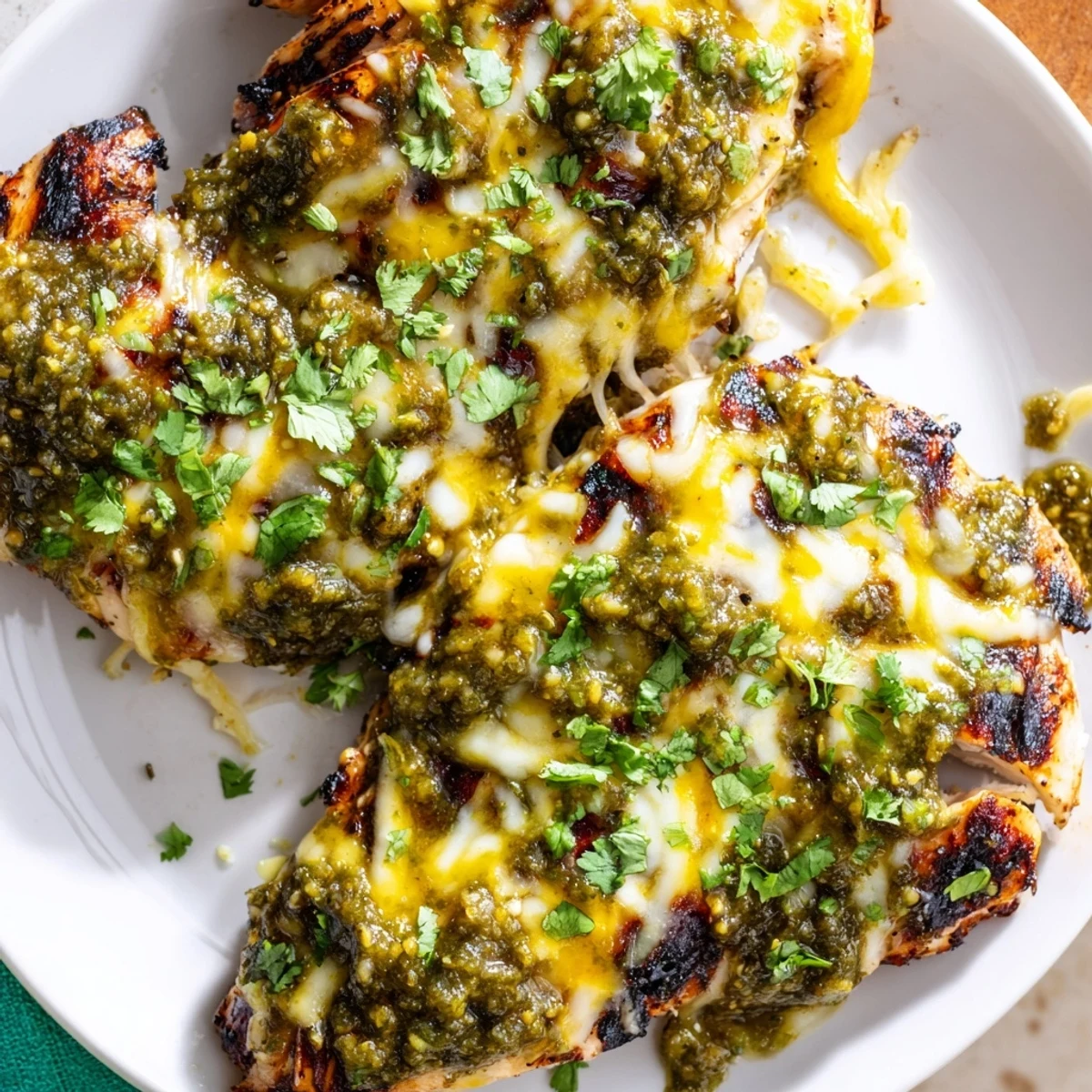 Golden grilled chicken topped with bubbling salsa verde and melted Pepper Jack cheese