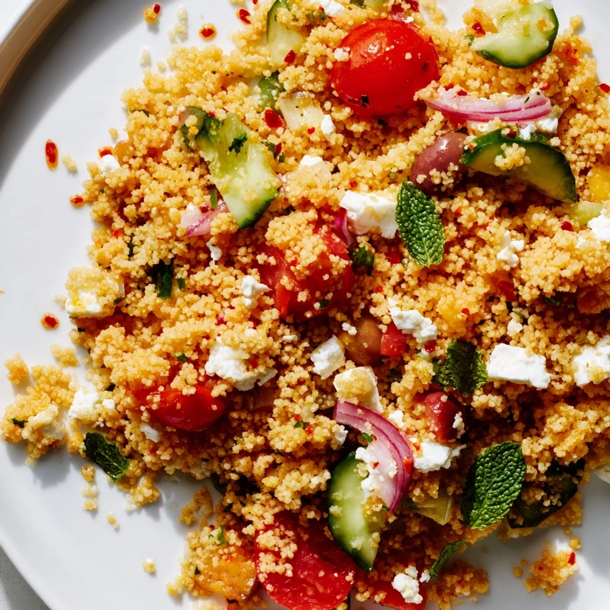 Fluffy couscous tossed with colorful vegetables and tangy hot honey lemon dressing on a rustic table