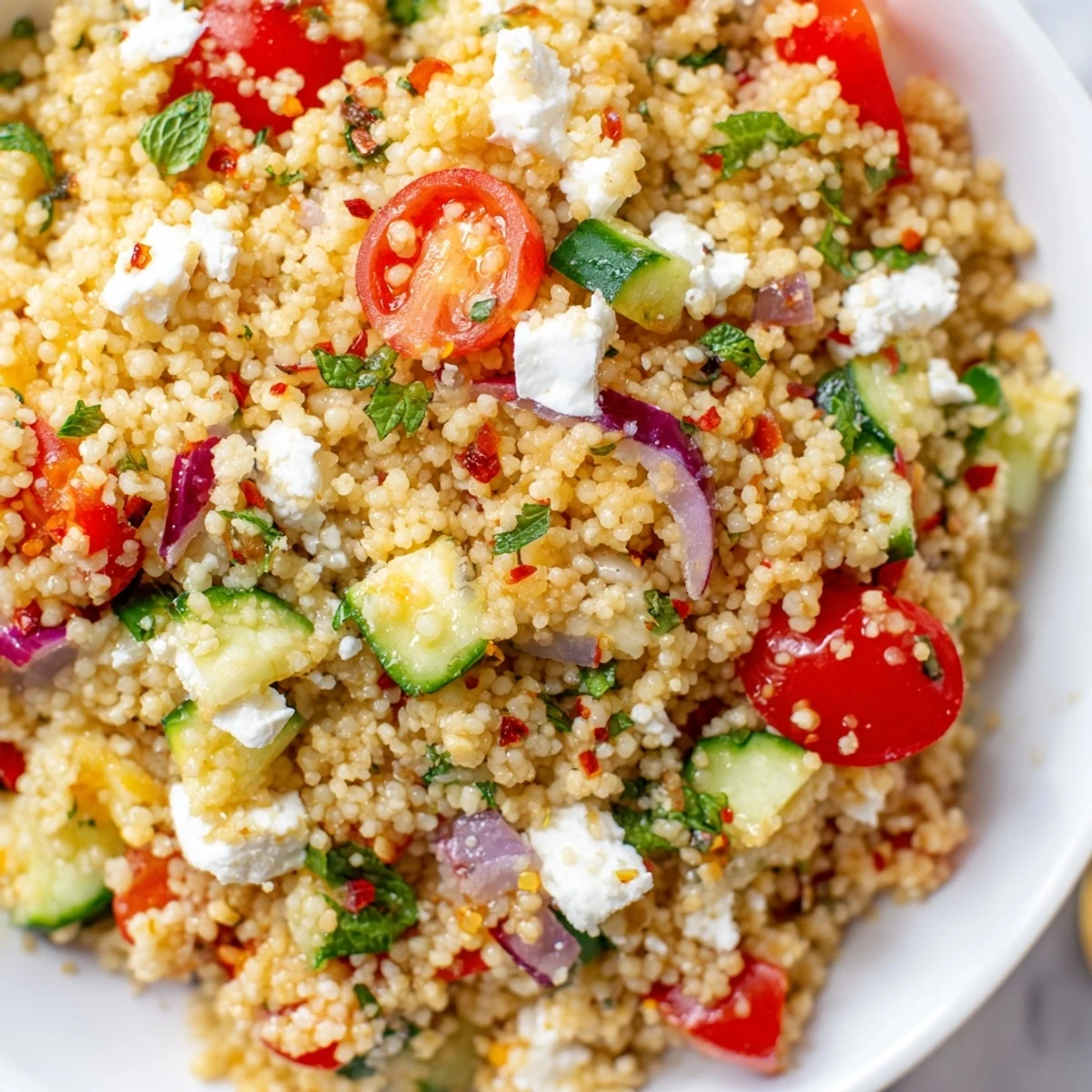 Mediterranean couscous salad glistening with hot honey lemon vinaigrette in a bright serving bowl