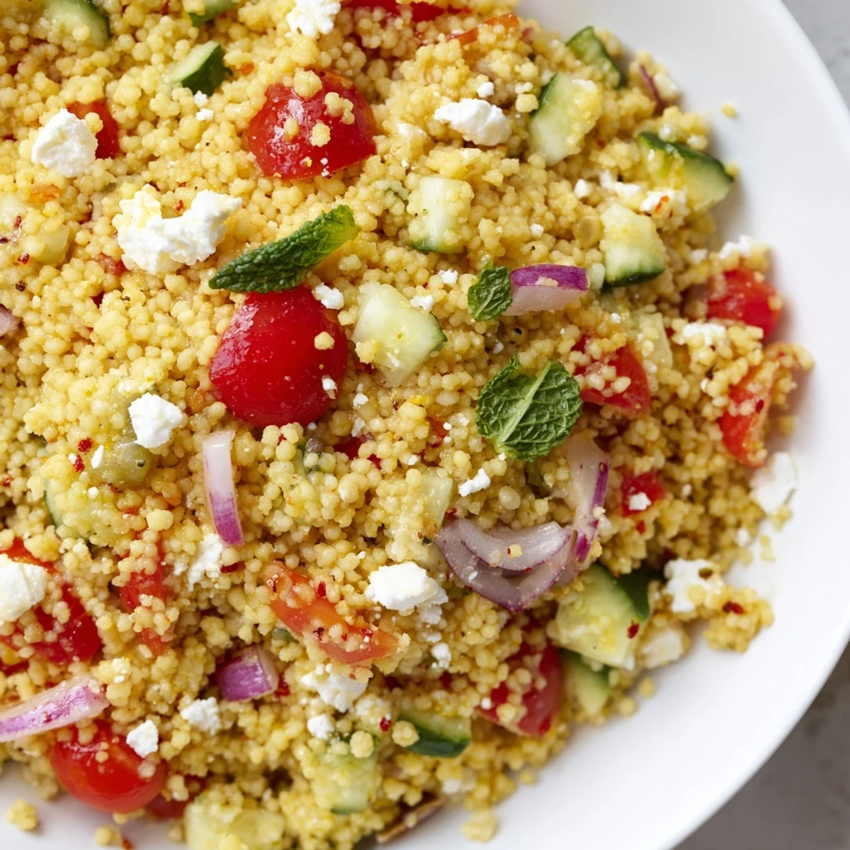 Mediterranean couscous salad topped with crumbled feta and drizzled with spicy-sweet vinaigrette ready to serve