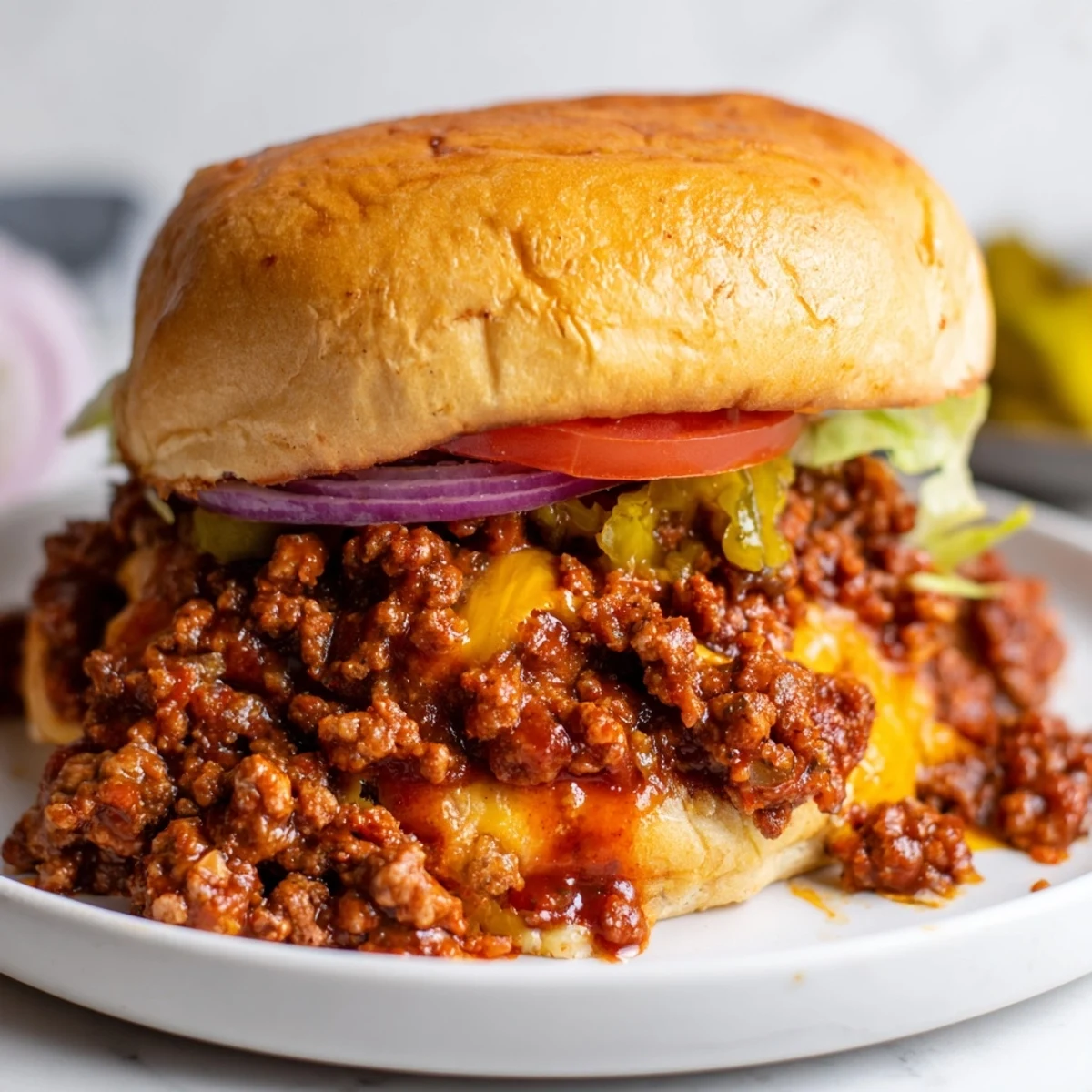 Juicy Smash Burger Sloppy Joes with melted cheese on a golden toasted bun
